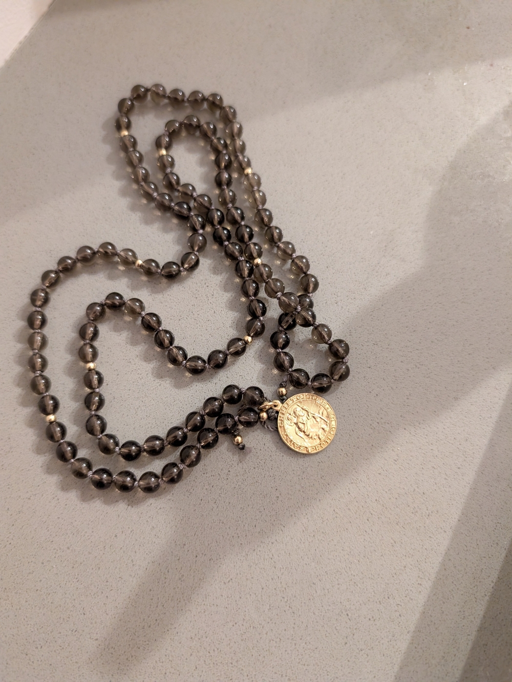 Gold Coin Pendant Smoky Bead Necklace - Beautiful Nomad